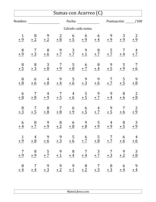 La hoja de ejercicios de 100 Preguntas de Adición de Un Solo Dígito Con Acarreo en Todas las Preguntas (C)