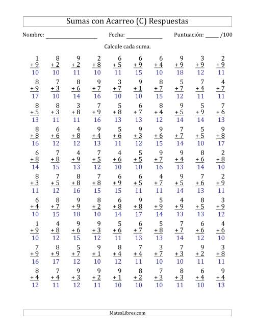 La hoja de ejercicios de 100 Preguntas de Adición de Un Solo Dígito Con Acarreo en Todas las Preguntas (C) Página 2