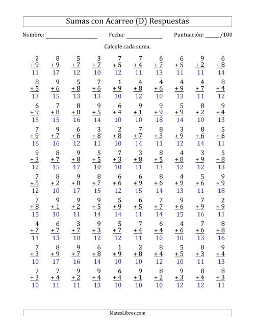 La hoja de ejercicios de 100 Preguntas de Adición de Un Solo Dígito Con Acarreo en Todas las Preguntas (D) Página 2