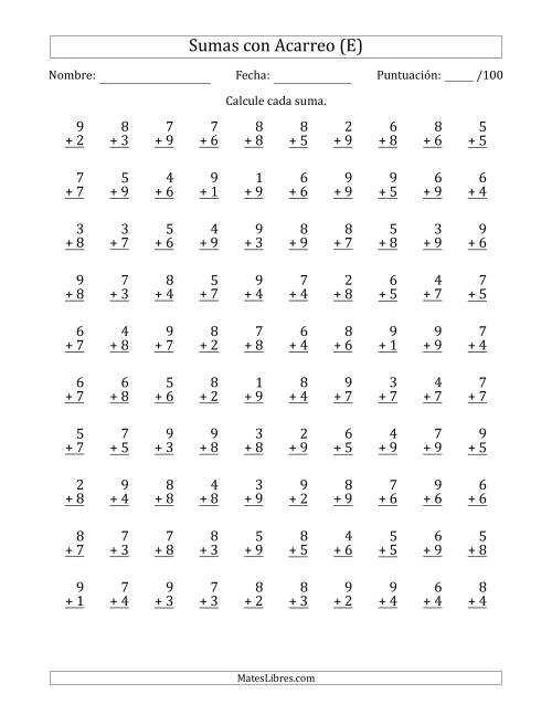 La hoja de ejercicios de 100 Preguntas de Adición de Un Solo Dígito Con Acarreo en Todas las Preguntas (E)