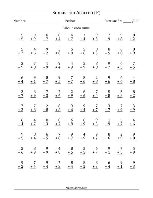 La hoja de ejercicios de 100 Preguntas de Adición de Un Solo Dígito Con Acarreo en Todas las Preguntas (F)