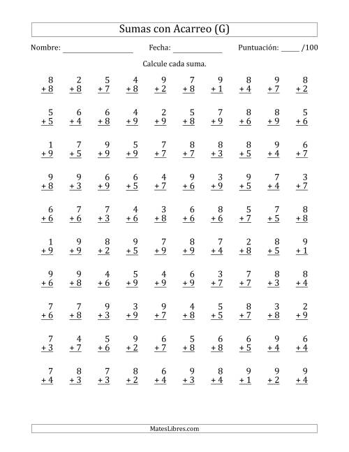 La hoja de ejercicios de 100 Preguntas de Adición de Un Solo Dígito Con Acarreo en Todas las Preguntas (G)