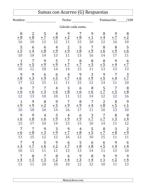 La hoja de ejercicios de 100 Preguntas de Adición de Un Solo Dígito Con Acarreo en Todas las Preguntas (G) Página 2