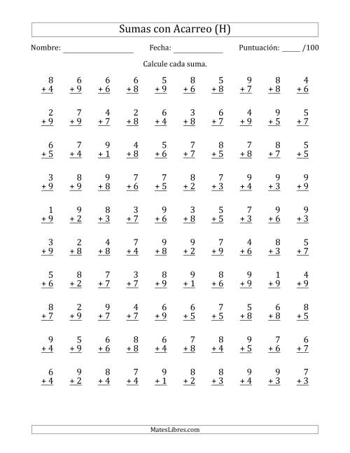 La hoja de ejercicios de 100 Preguntas de Adición de Un Solo Dígito Con Acarreo en Todas las Preguntas (H)