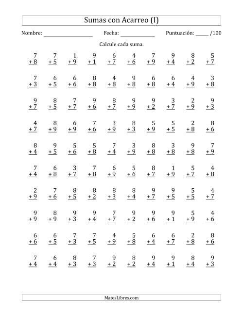 La hoja de ejercicios de 100 Preguntas de Adición de Un Solo Dígito Con Acarreo en Todas las Preguntas (I)