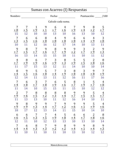 La hoja de ejercicios de 100 Preguntas de Adición de Un Solo Dígito Con Acarreo en Todas las Preguntas (I) Página 2