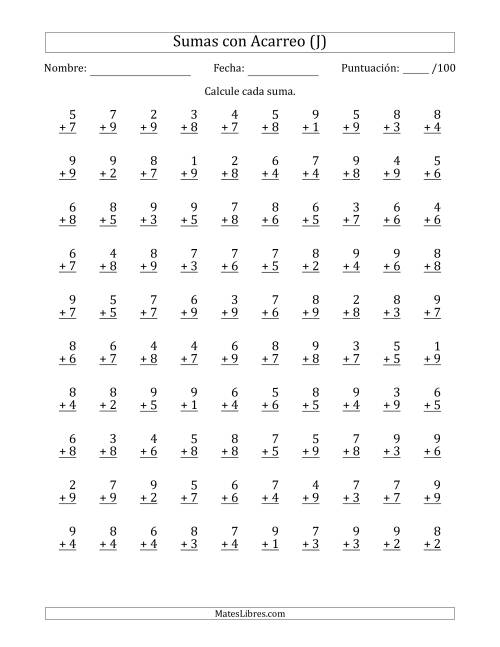 La hoja de ejercicios de 100 Preguntas de Adición de Un Solo Dígito Con Acarreo en Todas las Preguntas (J)