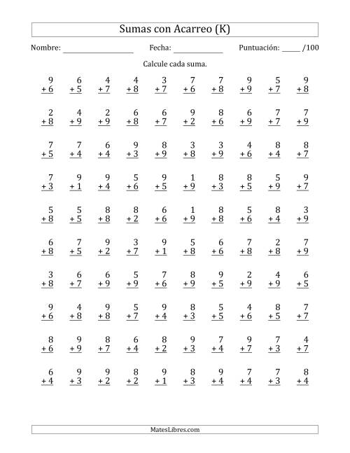 La hoja de ejercicios de 100 Preguntas de Adición de Un Solo Dígito Con Acarreo en Todas las Preguntas (K)