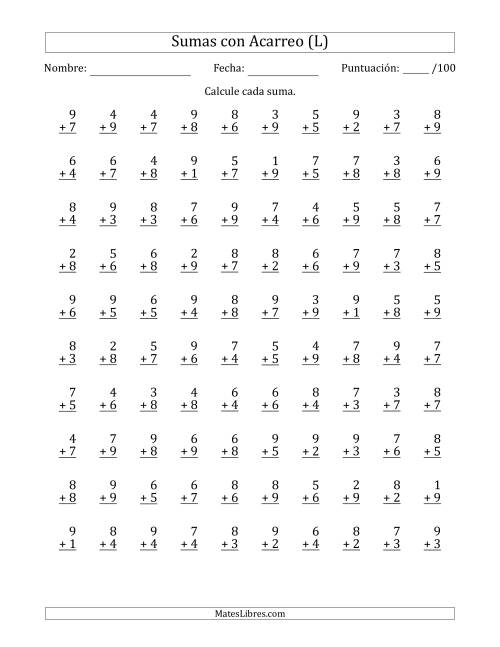 La hoja de ejercicios de 100 Preguntas de Adición de Un Solo Dígito Con Acarreo en Todas las Preguntas (L)