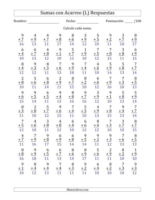 La hoja de ejercicios de 100 Preguntas de Adición de Un Solo Dígito Con Acarreo en Todas las Preguntas (L) Página 2