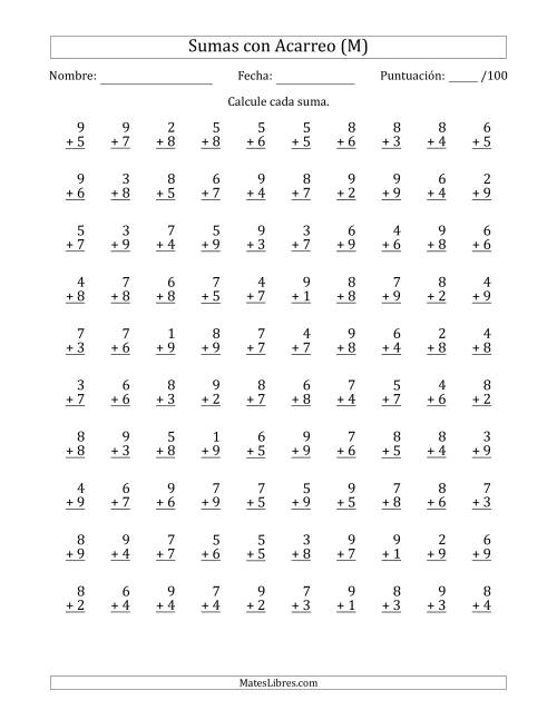 La hoja de ejercicios de 100 Preguntas de Adición de Un Solo Dígito Con Acarreo en Todas las Preguntas (M)