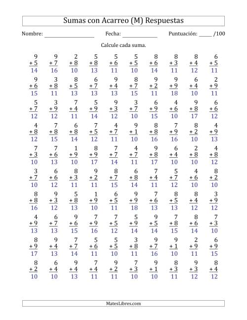 La hoja de ejercicios de 100 Preguntas de Adición de Un Solo Dígito Con Acarreo en Todas las Preguntas (M) Página 2