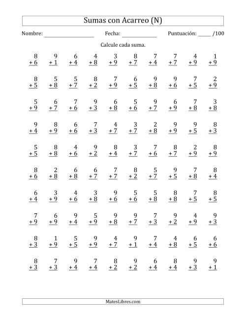 La hoja de ejercicios de 100 Preguntas de Adición de Un Solo Dígito Con Acarreo en Todas las Preguntas (N)
