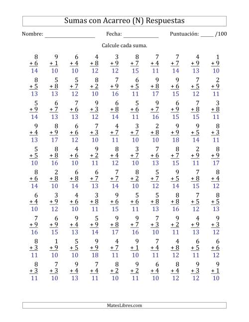 La hoja de ejercicios de 100 Preguntas de Adición de Un Solo Dígito Con Acarreo en Todas las Preguntas (N) Página 2