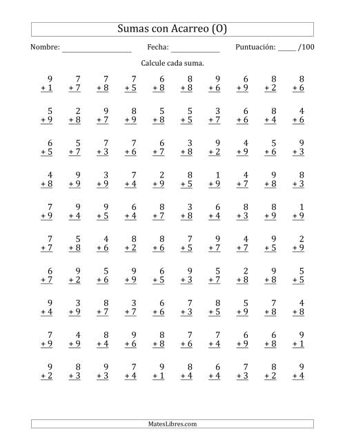La hoja de ejercicios de 100 Preguntas de Adición de Un Solo Dígito Con Acarreo en Todas las Preguntas (O)