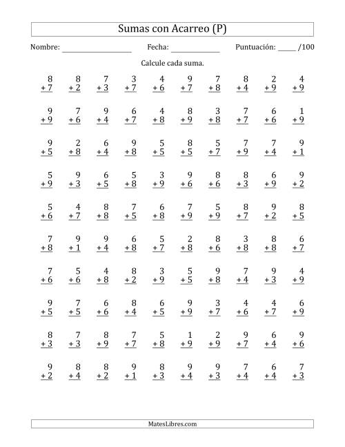 La hoja de ejercicios de 100 Preguntas de Adición de Un Solo Dígito Con Acarreo en Todas las Preguntas (P)