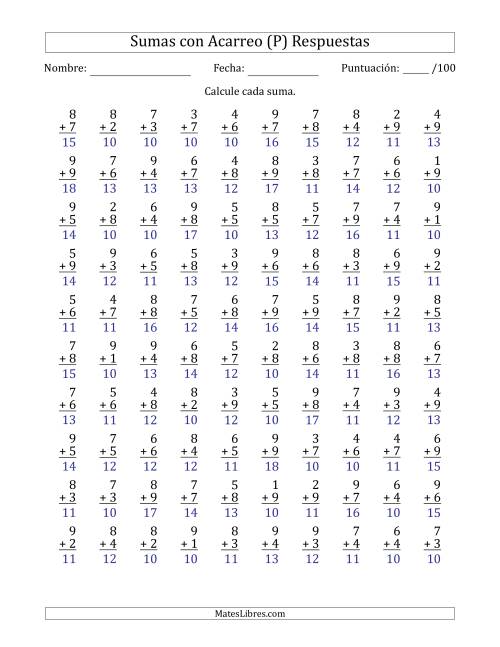 La hoja de ejercicios de 100 Preguntas de Adición de Un Solo Dígito Con Acarreo en Todas las Preguntas (P) Página 2