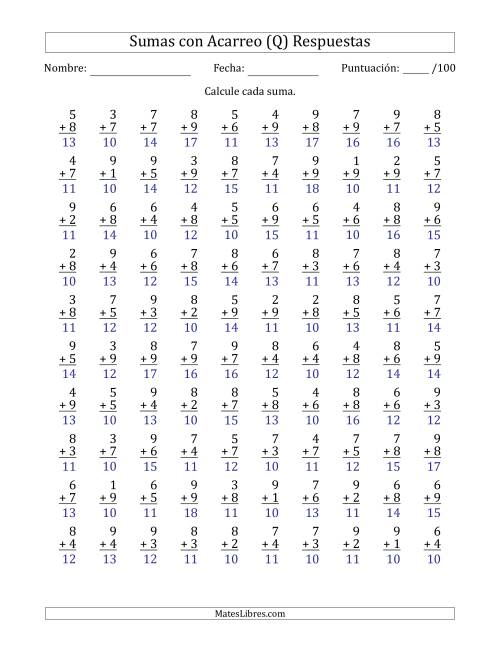 La hoja de ejercicios de 100 Preguntas de Adición de Un Solo Dígito Con Acarreo en Todas las Preguntas (Q) Página 2