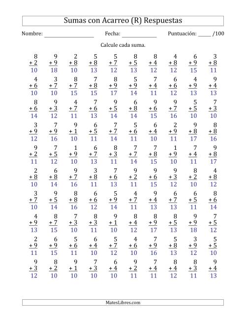 La hoja de ejercicios de 100 Preguntas de Adición de Un Solo Dígito Con Acarreo en Todas las Preguntas (R) Página 2
