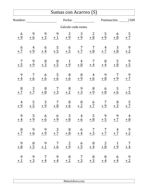 La hoja de ejercicios de 100 Preguntas de Adición de Un Solo Dígito Con Acarreo en Todas las Preguntas (S)