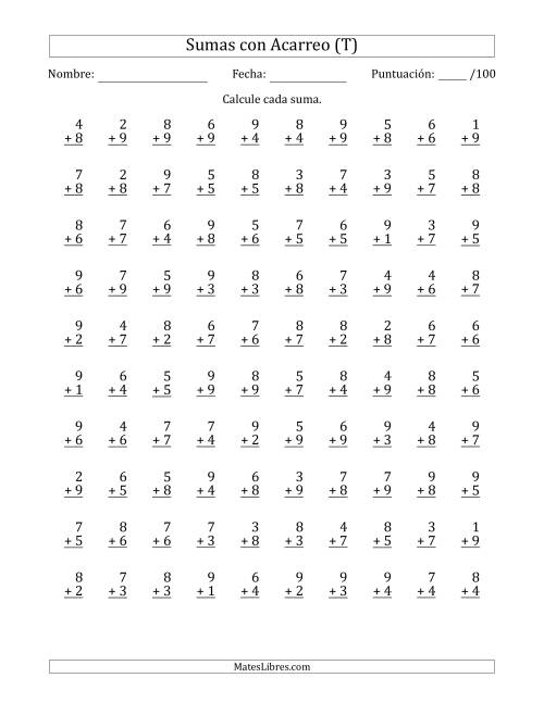 La hoja de ejercicios de 100 Preguntas de Adición de Un Solo Dígito Con Acarreo en Todas las Preguntas (T)