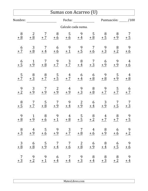 La hoja de ejercicios de 100 Preguntas de Adición de Un Solo Dígito Con Acarreo en Todas las Preguntas (U)