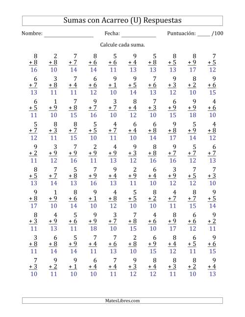 La hoja de ejercicios de 100 Preguntas de Adición de Un Solo Dígito Con Acarreo en Todas las Preguntas (U) Página 2