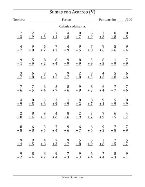La hoja de ejercicios de 100 Preguntas de Adición de Un Solo Dígito Con Acarreo en Todas las Preguntas (V)