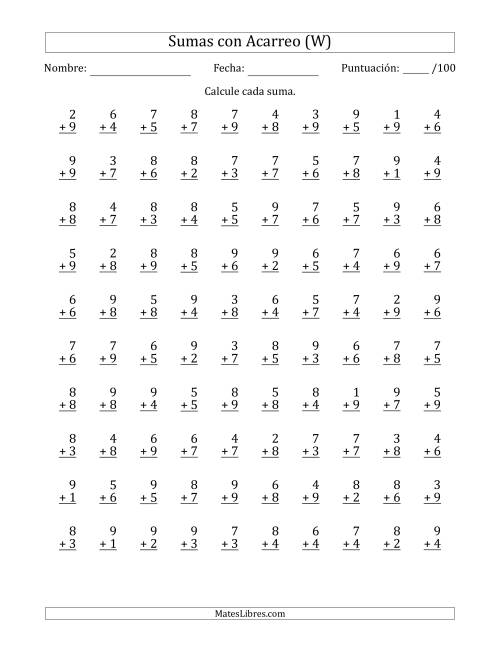 La hoja de ejercicios de 100 Preguntas de Adición de Un Solo Dígito Con Acarreo en Todas las Preguntas (W)