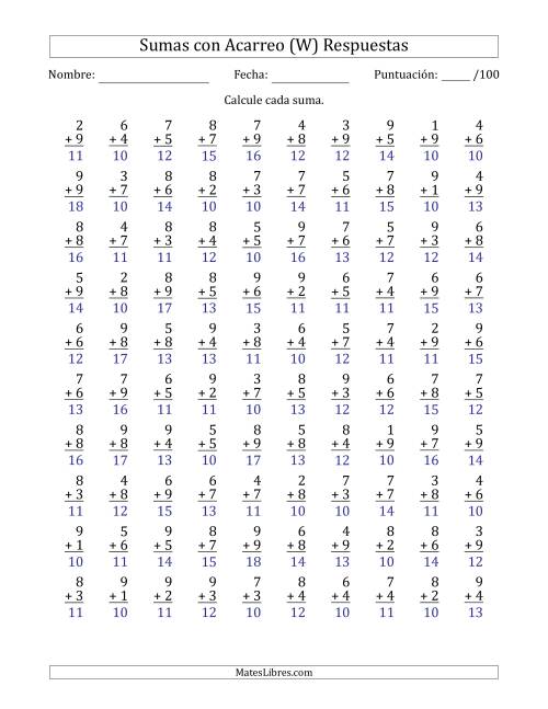 La hoja de ejercicios de 100 Preguntas de Adición de Un Solo Dígito Con Acarreo en Todas las Preguntas (W) Página 2
