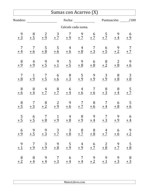 La hoja de ejercicios de 100 Preguntas de Adición de Un Solo Dígito Con Acarreo en Todas las Preguntas (X)