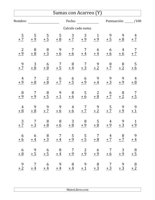 La hoja de ejercicios de 100 Preguntas de Adición de Un Solo Dígito Con Acarreo en Todas las Preguntas (Y)