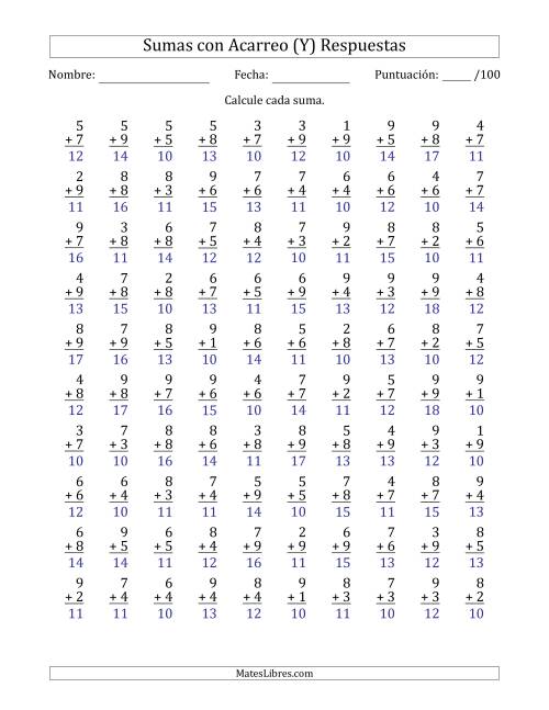 La hoja de ejercicios de 100 Preguntas de Adición de Un Solo Dígito Con Acarreo en Todas las Preguntas (Y) Página 2
