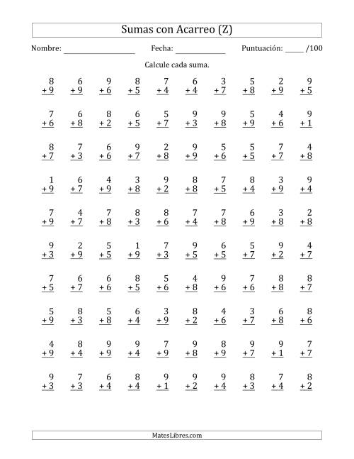 La hoja de ejercicios de 100 Preguntas de Adición de Un Solo Dígito Con Acarreo en Todas las Preguntas (Z)