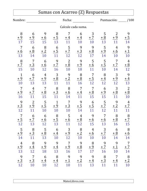 La hoja de ejercicios de 100 Preguntas de Adición de Un Solo Dígito Con Acarreo en Todas las Preguntas (Z) Página 2
