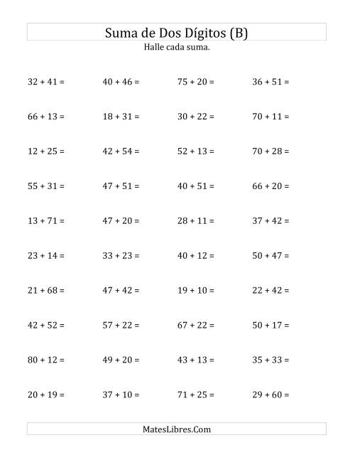 La hoja de ejercicios de Suma Horizontal de Dos Dígitos sin Reagrupación (B)
