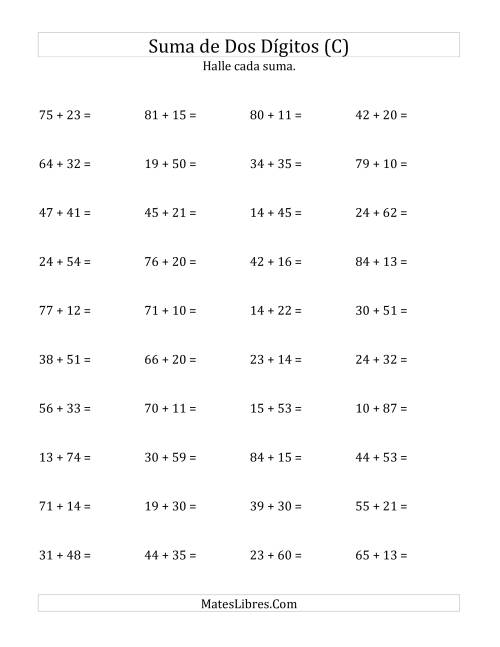 La hoja de ejercicios de Suma Horizontal de Dos Dígitos sin Reagrupación (C)
