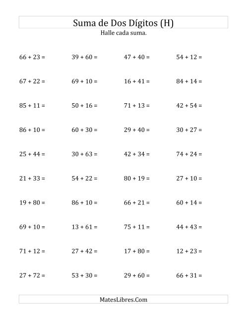 La hoja de ejercicios de Suma Horizontal de Dos Dígitos sin Reagrupación (H)