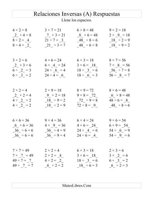 La hoja de ejercicios de Relaciones Inversas, Multiplicación y División de 2 a 9 (A) Página 2