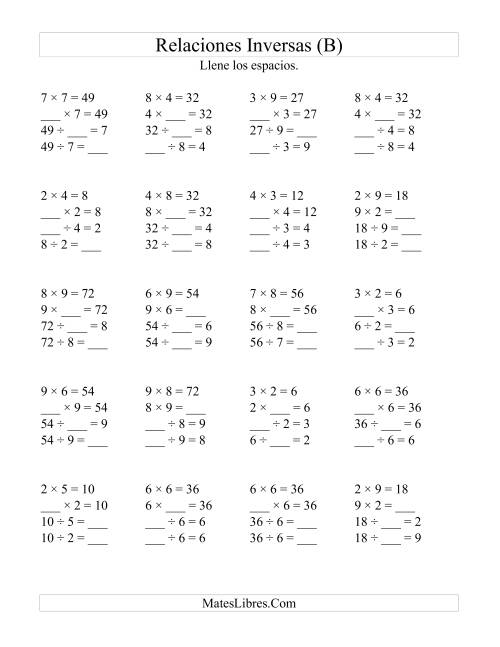 La hoja de ejercicios de Relaciones Inversas, Multiplicación y División de 2 a 9 (B)