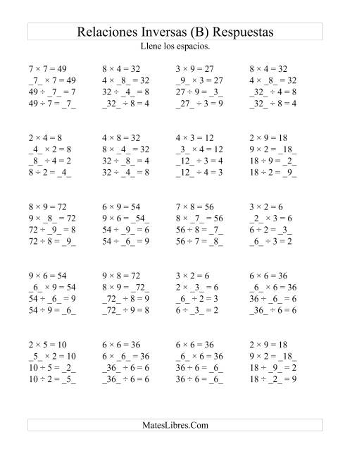 La hoja de ejercicios de Relaciones Inversas, Multiplicación y División de 2 a 9 (B) Página 2