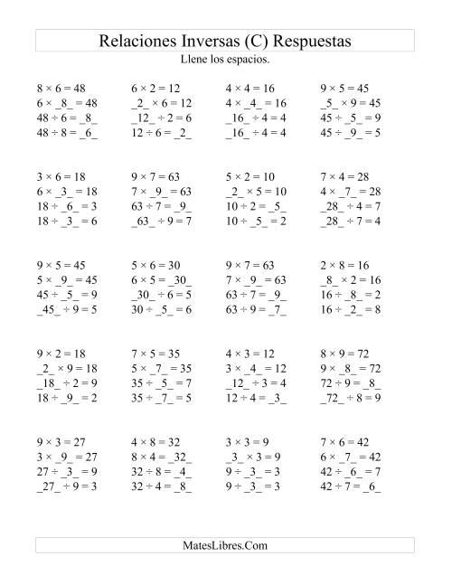 La hoja de ejercicios de Relaciones Inversas, Multiplicación y División de 2 a 9 (C) Página 2