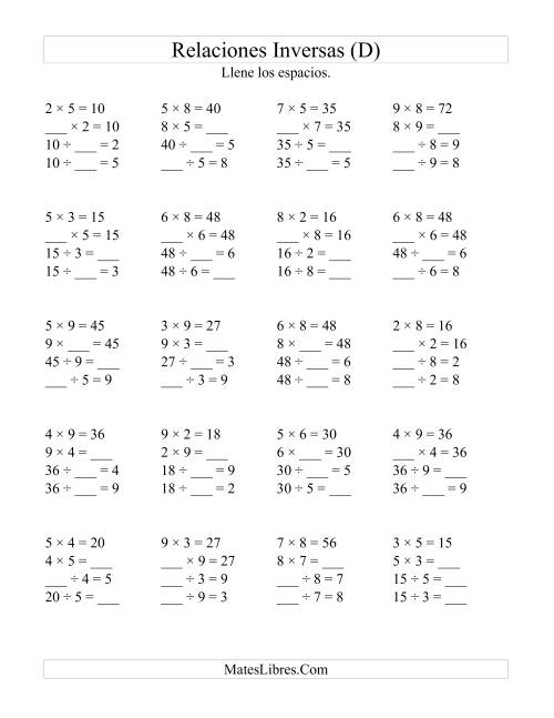 La hoja de ejercicios de Relaciones Inversas, Multiplicación y División de 2 a 9 (D)