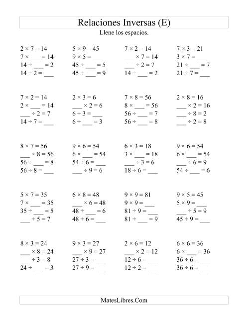 La hoja de ejercicios de Relaciones Inversas, Multiplicación y División de 2 a 9 (E)