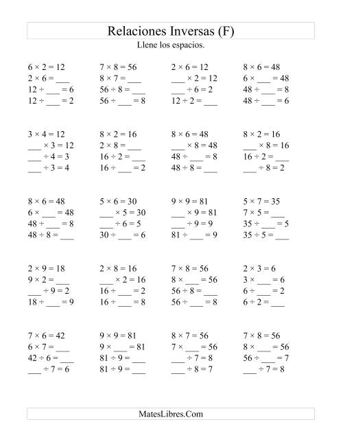 La hoja de ejercicios de Relaciones Inversas, Multiplicación y División de 2 a 9 (F)