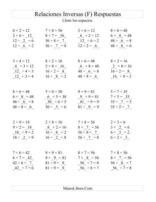 La hoja de ejercicios de Relaciones Inversas, Multiplicación y División de 2 a 9 (F) Página 2