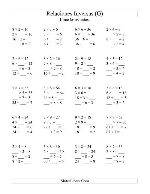 La hoja de ejercicios de Relaciones Inversas, Multiplicación y División de 2 a 9 (G)