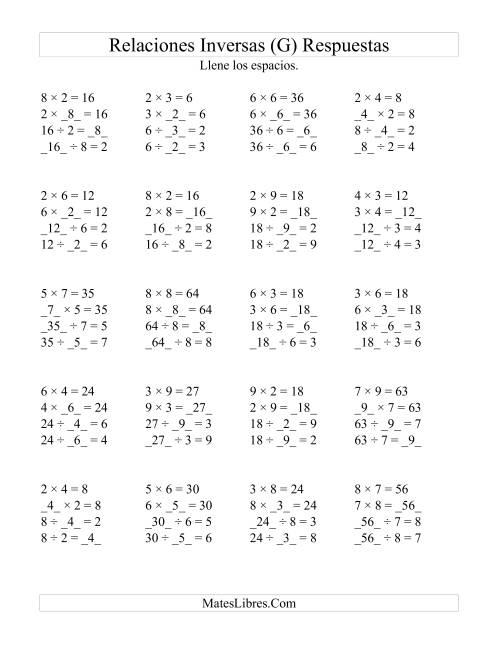 La hoja de ejercicios de Relaciones Inversas, Multiplicación y División de 2 a 9 (G) Página 2