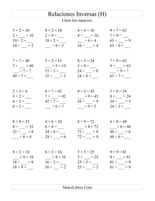 La hoja de ejercicios de Relaciones Inversas, Multiplicación y División de 2 a 9 (H)