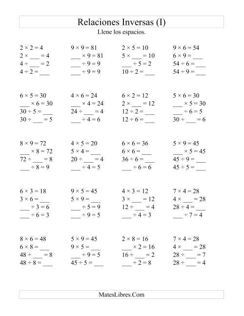 La hoja de ejercicios de Relaciones Inversas, Multiplicación y División de 2 a 9 (I)